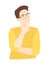 Thoughtful guy with glasses, smart man solving a problem, in yellow clothes, flat cartoon vector