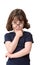 Thoughtful little girl in round spectacles rests h