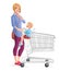 Thoughtful mother with son sitting in shopping cart. Vector illustration.