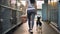 The Thoughtful Walk of a Young Woman Among Shelter Dogs Awaiting Adoption. She also carries a dog carrier or transporter.