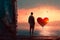 Thoughtful young boy Gazing at a Suspended Heart in the Ocean. Valentine day concept. Image created with Generative AI technology
