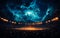 Thousands of spectators on the round stadium at night watching football match. Neon white splashes in the sky and dramatic clouds