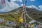 Thousands of white and colorful  prayer flags hoisted on the route of Chele la pass