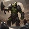 A thrall orc gladiator in a crowded coliseum screaming with an ax in hand, AI generated