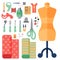 Thread supplies accessories sewing equipment tailoring fashion pin craft needlework vector illustration.