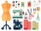 Thread supplies accessories sewing equipment tailoring fashion pin craft needlework vector illustration.