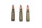 Three 7.62 mm cartridges for a Kalashnikov assault rifle isolated on white background