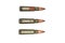 Three 7.62 mm cartridges for a Kalashnikov assault rifle with the words coronavirus, covid-19, quarantine isolated on white