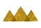 Three abstract triangles or pyramids of golden glitter sparkle on white