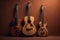 Three acoustic guitars on brown background. Music concept. generative ai