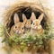 Three adorable brown rabbits peeking out of a hay-filled hole in the background