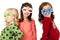 Three adorable girls wearing funny winter glasses with fun expression