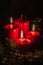 Three Advent burning candles, christmas decoration, postcard concept