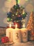 Three Advent candles burning with gift boxes, vintage tone stylized