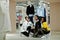 Three afican american women in tracksuits shopping at sportswear mall against mannequin. Sport store theme