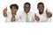 Three african business people holding white sign, free copy space