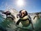 Three african penguins swimming