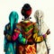 Three African women in national dress hugging on a white background, view from the back. Generated AI