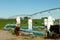 Three agricultural water pumps in an Idaho farm potato field.