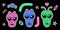 Three alien heads, vector retro sticker set, y2k graphics, futuristic labels, ufo