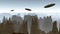 Three alien spaceships flying over mountains