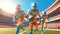 three american football players running between the lines in a stadium. Generative AI