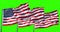 Three american USA flag with pole, stars and stripes, united states of america on chroma key green