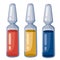 Three ampoules with liquid of blue, yellow and red colors, isolated object on a white background, vector illustration,