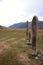 Three ancient stone statues stand in a row in the center of the intermountain basin