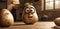 Three animated cartoon potatoes with happy faces are standing on a wooden floor