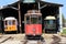 Three antique trolleys on tracks,displayed at the Seashore Trolley Museum,Kennebunk,Maine,2016