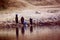 Three Arab women dressed completely in black taking water from the Nile River in Egypt,