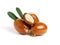 Three argan nuts with green leaves on an isolated white background. Chopped argan nut with a drop of oil. Whole and