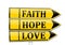 Three arrows with the words faith, hope, love