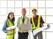 Three Asian engineers team, two men and one woman working together in an outdoor construction site