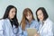 Three asian medical workers. Portrait of asian doctor. Chemists doing in the laboratory. young scientists with test and research