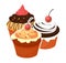 Three assorted cupcakes with cherries on top. Delicious bakery sweets with frosting and sprinkles vector illustration