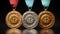 Three award medals, champion with ribbon, colored, gold, silver, brown, white background , Generate AI