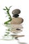 Three balancing pebbles and bamboo stem with reflection