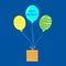 Three balloons and a gift box isolated on a blue background, with happy birthday text