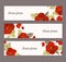 Three banners with red japanese camelia flowers with place for your text. Traditional Japanese ink wash painting sumi-e.