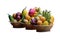Three baskets filled with lots of tropical fruit, isolated, white background