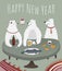 Three bear illustration. New year postcard. Christmas illustration. Happy new year.