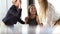 Three beautiful business woman cheering and high-fiving in office meeting