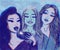 three beautiful girls girlfriends models with bright makeup, indulge and take a selfie in the mirror in neon blue colors