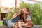 Three beautiful woman eating ice cream during selfie doing photo