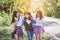 Three beautiful woman relaxing and walks her neck and laughs to travel.