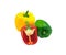 Three of beauty shape capcicum decoration food. fresh green yellow red sweet peeper or bell pepper vegetable.Cut half show seed.