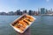 Three Beef Birria Tacos in a Takeout Container with the New York City Skyline