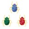 Three beetles of different colors in the form of brooches on a white background. Scarab beetle